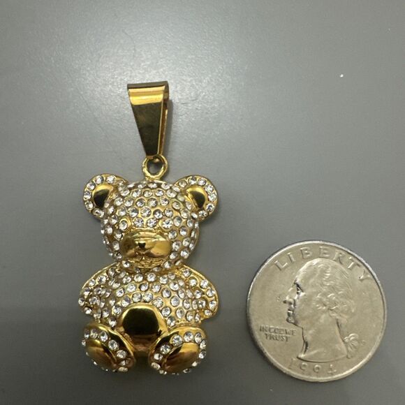 Teddy Bear Studded Gold Plated Stainless Steel Pendant 24 Inch Necklace Gift Her - Picture 3 of 6
